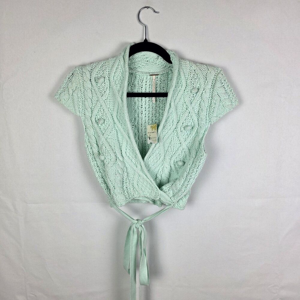 Free People Mint Green Cable Knit Pom Pom Wrap Shrug Sweater Small OB112264